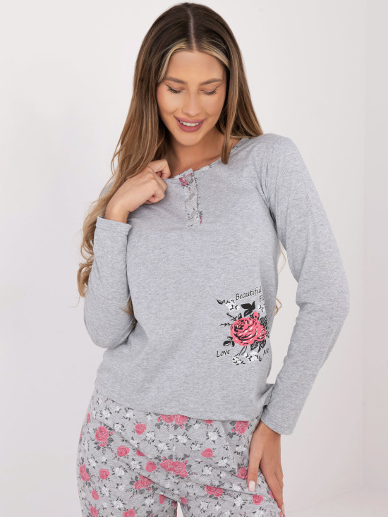 Damen Baumwoll-Pyjama mit Blumenmuster, grau