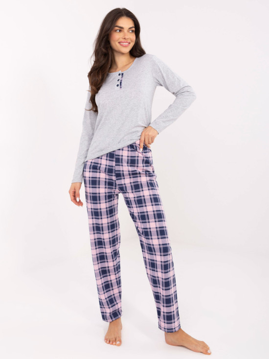 Damen Schlafanzug grau mit Karomuster und Knöpfen