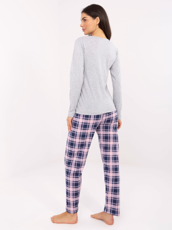 Damen Schlafanzug grau mit Karomuster und Knöpfen