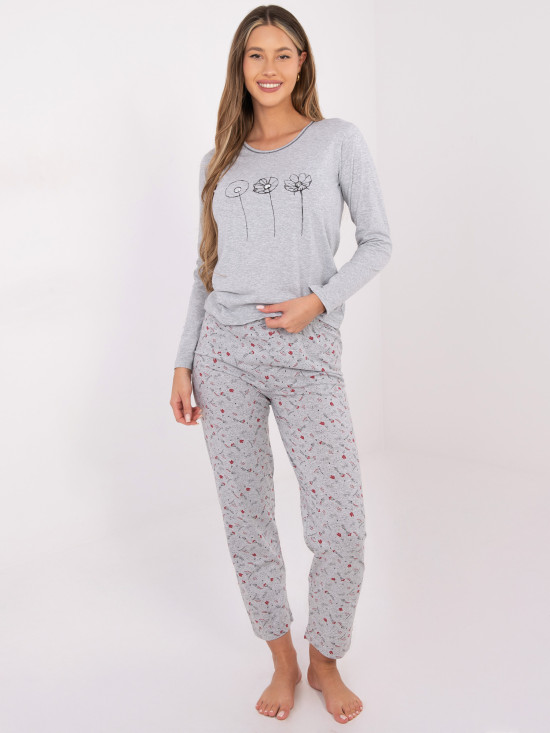 Damen Baumwoll-Pyjama mit Print, grau