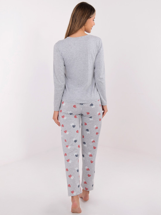 Damen Schlafanzug grau mit Print, langer Ärmel