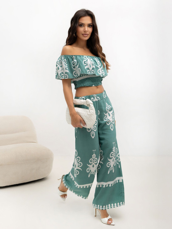 Boho-Set mit Bluse und Hose in Türkis
