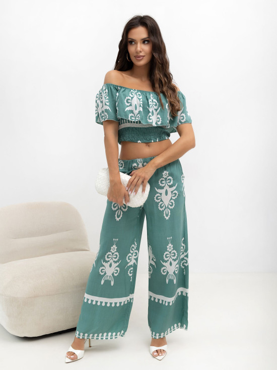Boho-Set mit Bluse und Hose in Türkis