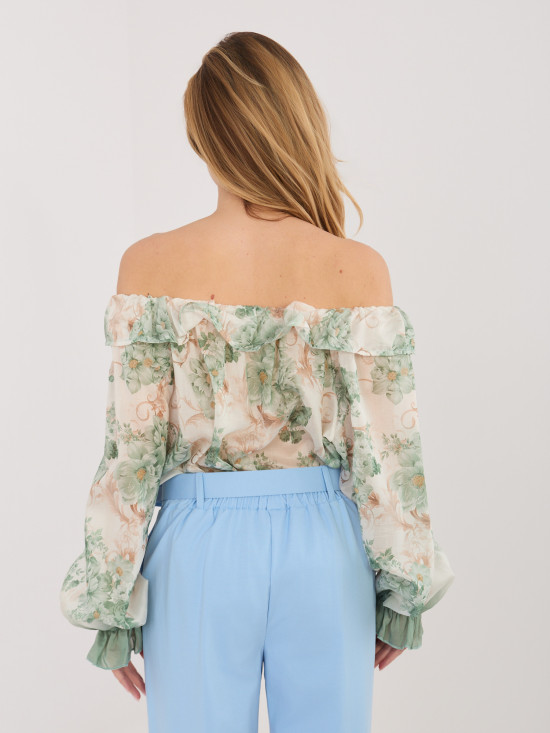 Grüne Bluse mit Blumenmuster und Carmen-Ausschnitt