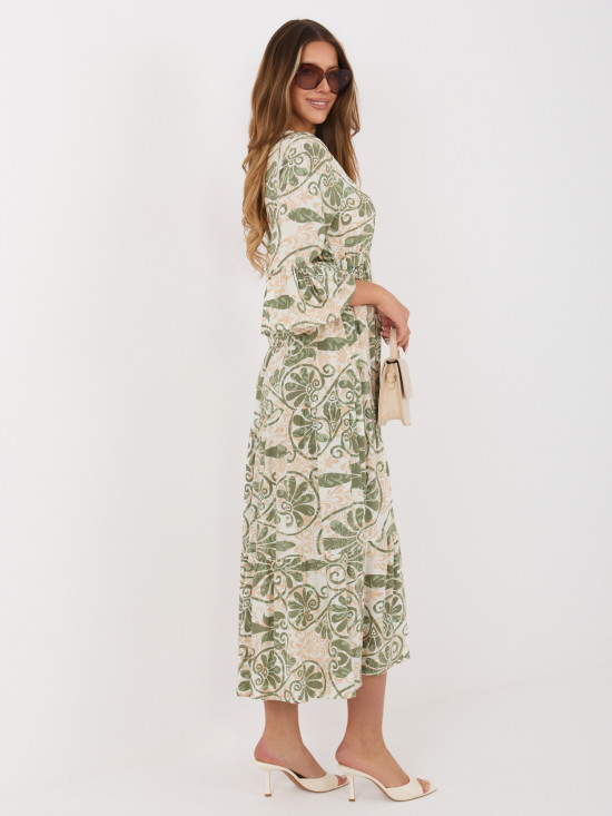 Grünes Midi-Kleid mit Print und Bindegürtel