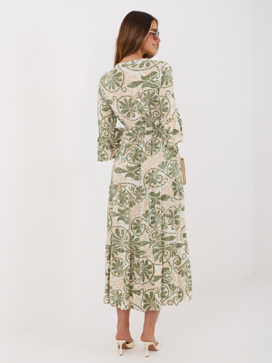 Grünes Midi-Kleid mit Print und Bindegürtel