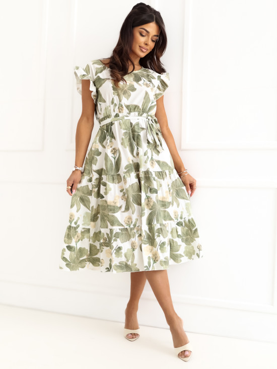 Grünes ausgestelltes Midi-Kleid mit Gürtel und Volant