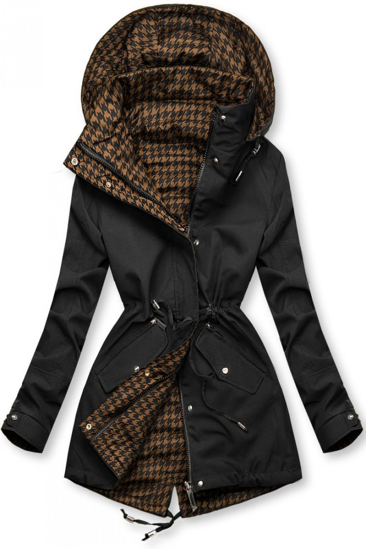 Leichter Parka mit Kapuze Schwarz/Braun Hahnentrittmuster