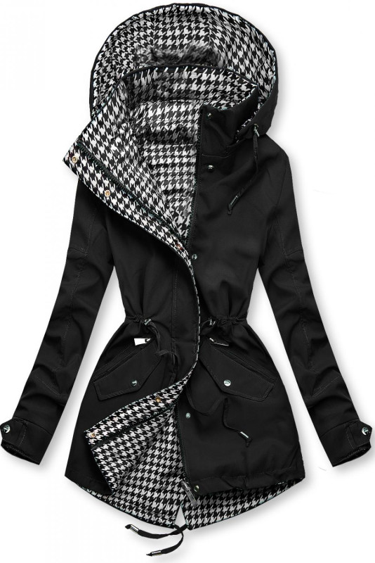 Leichter Parka mit Kapuze Schwarz/Hahnentrittmuster