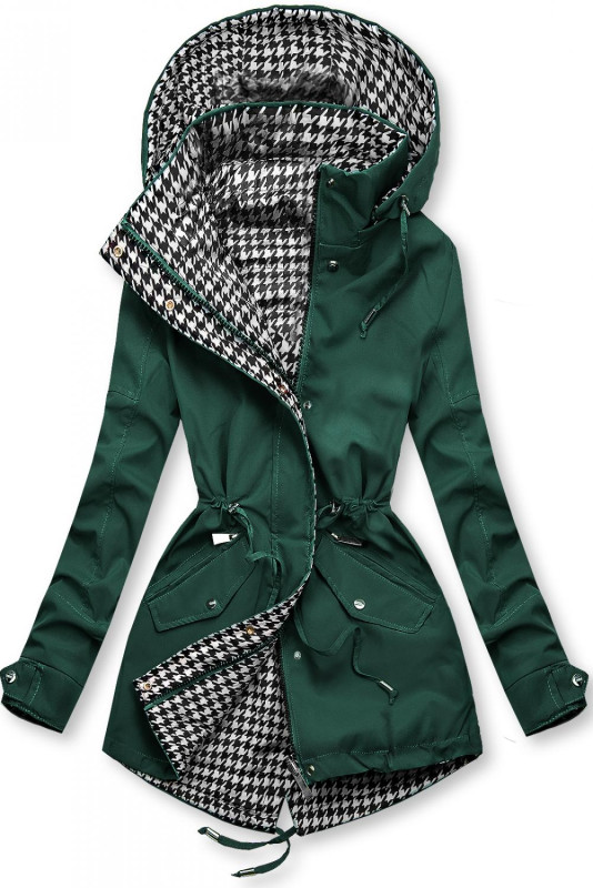 Leichter Parka mit Kapuze Grün/Hahnentrittmuster