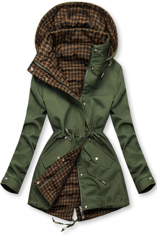 Leichter Parka mit Kapuze Khaki/Hahnentrittmuster