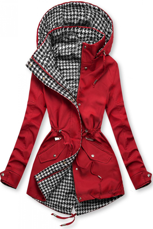Leichter Parka mit Kapuze Rot/Hahnentrittmuster