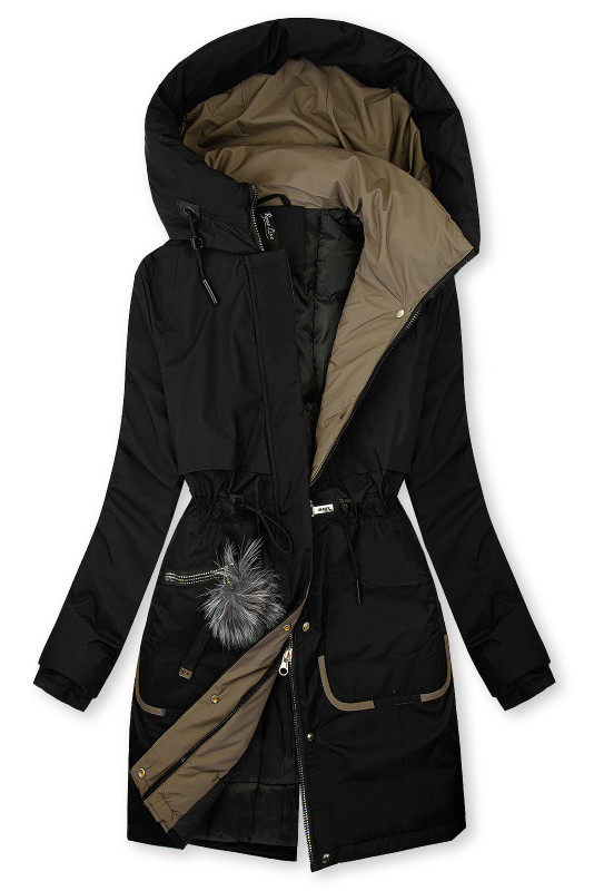 Langer Damen-Winterparka mit verstellbarer Taille Schwarz