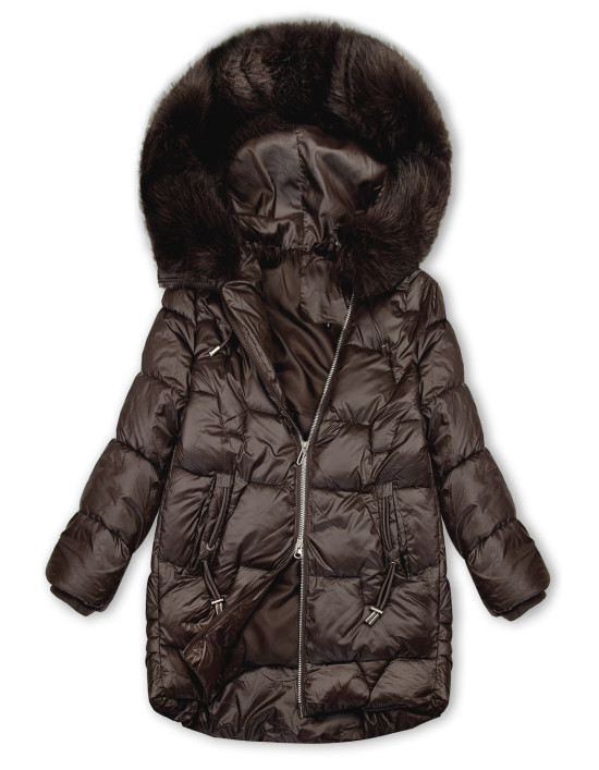 Winterjacke mit Fell, halbglänzend, Kakaobraun