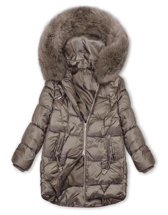 Winterjacke mit Fell, halbglänzend, Dunkelbeige