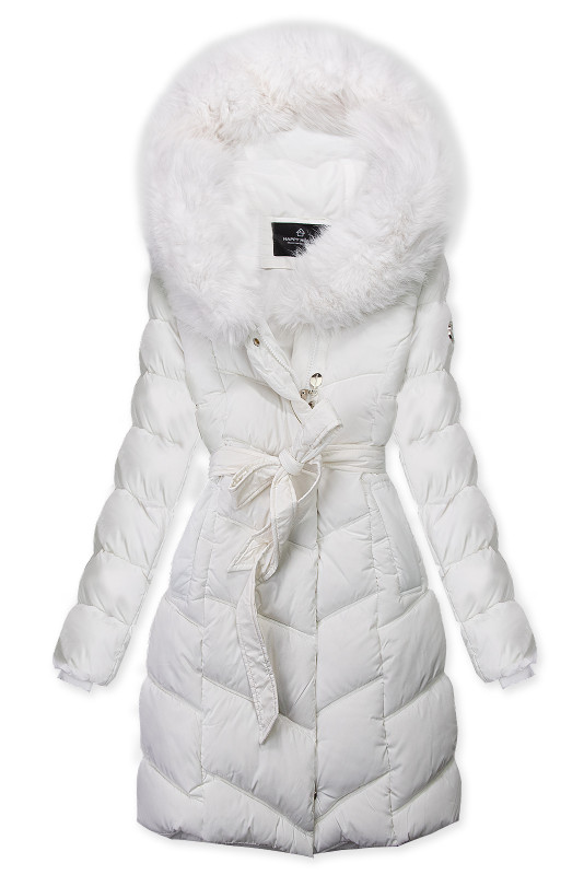 Winterjacke mit Gürtel und Kunstfell Weiß
