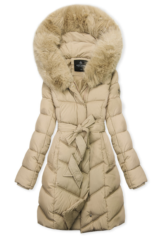 Winterjacke mit Gürtel und Kunstfell Hellbeige