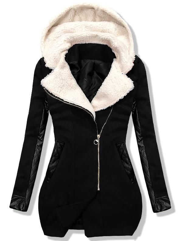Wintermantel mit Kunstleder Applikation schwarz
