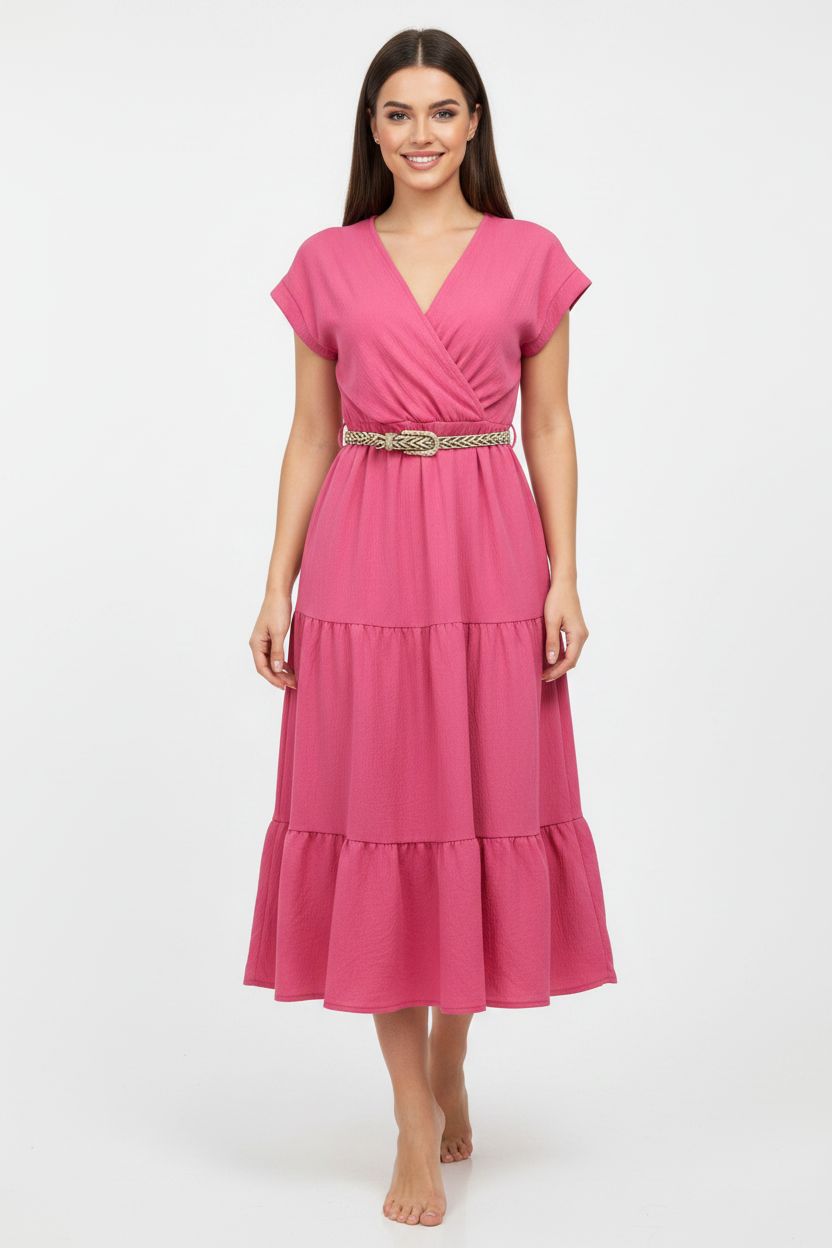 Midi-Sommerkleid mit Gürtel Beige