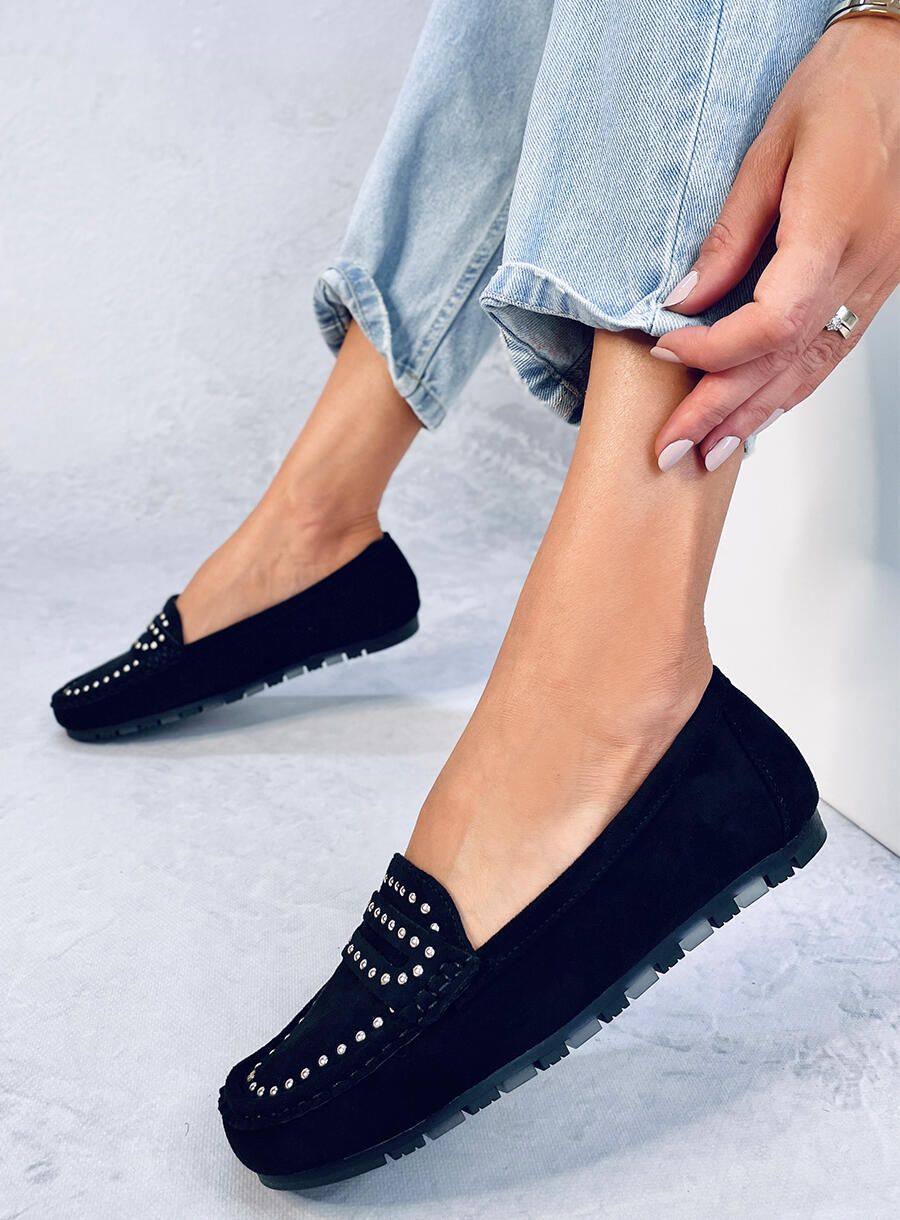 Wildledermokassins mit Nieten Schwarz