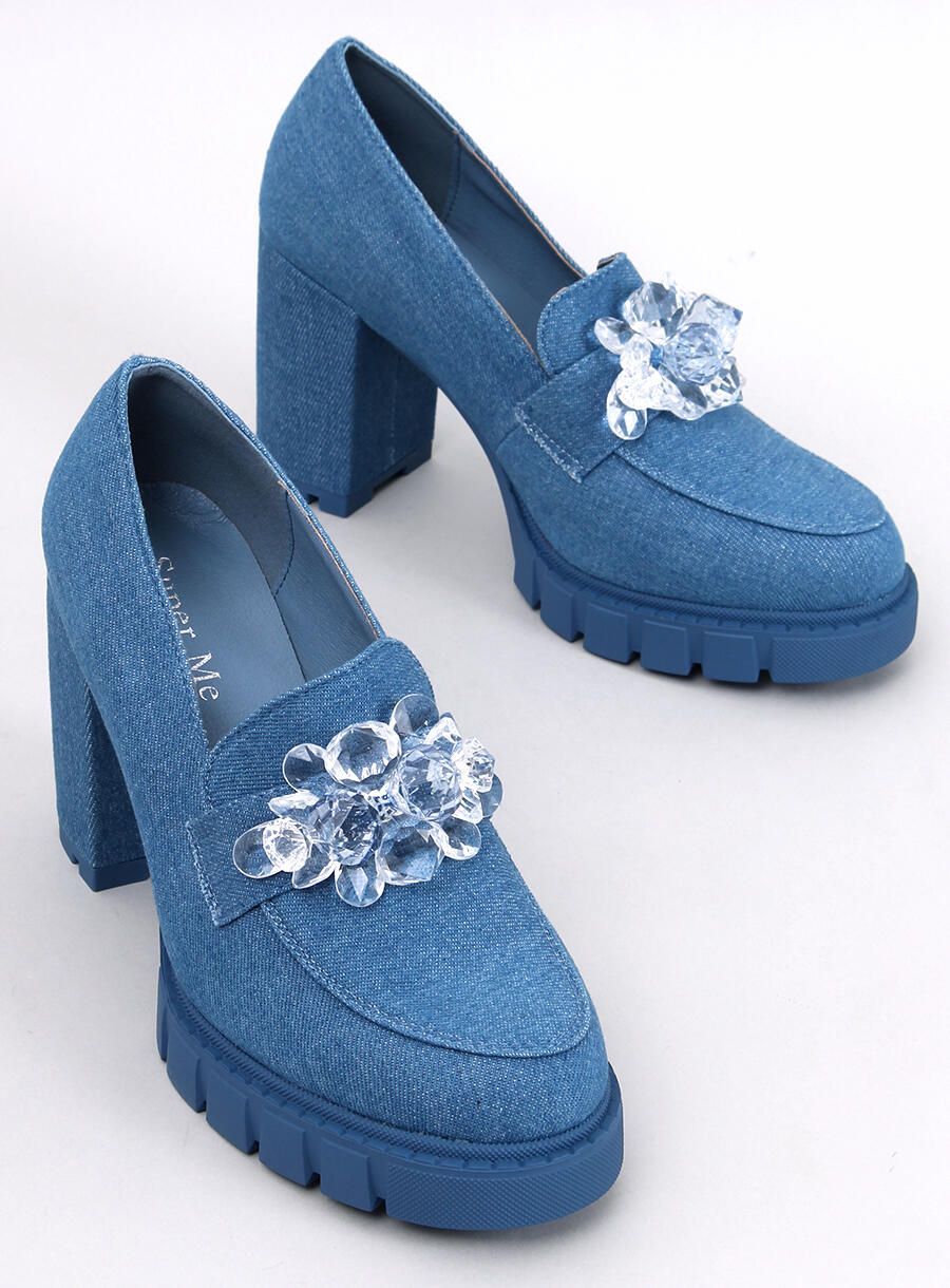 Mokassins mit Absatz und Kristallen Blau