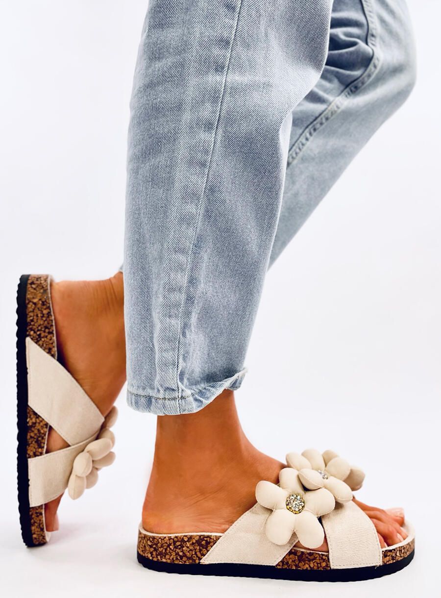 Damen Pantoletten mit Blumen Beige