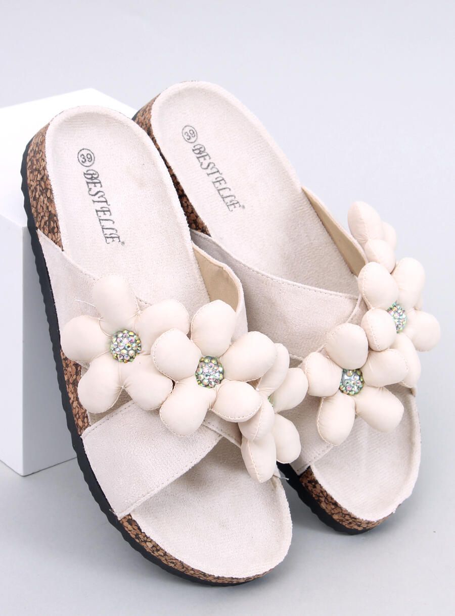 Damen Pantoletten mit Blumen Beige