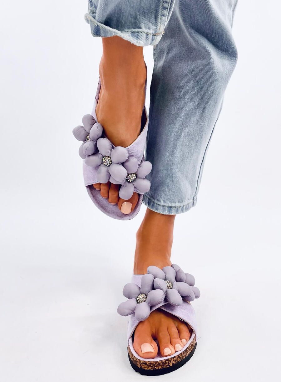 Damen Pantoletten mit Blumen Lila