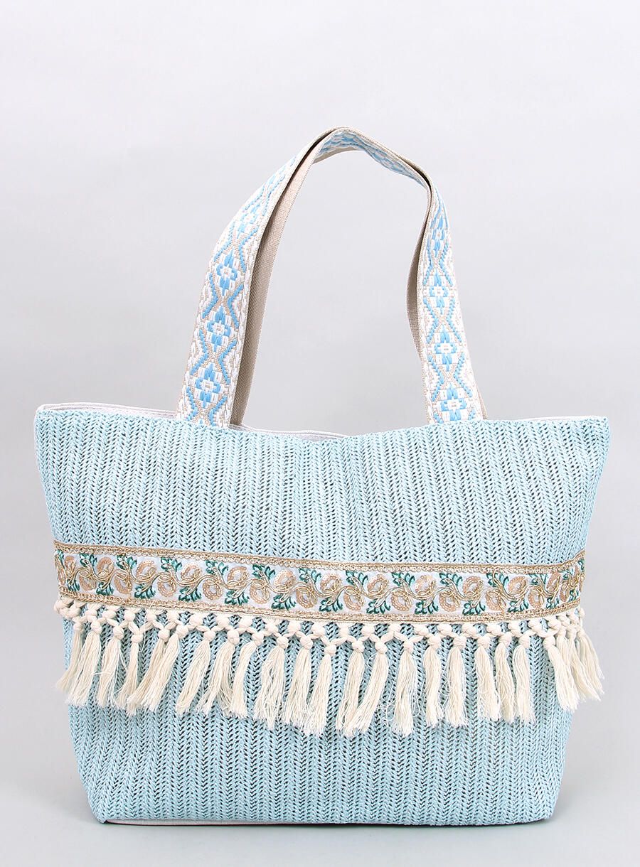 Strandstrohtasche BOHO Babyblau