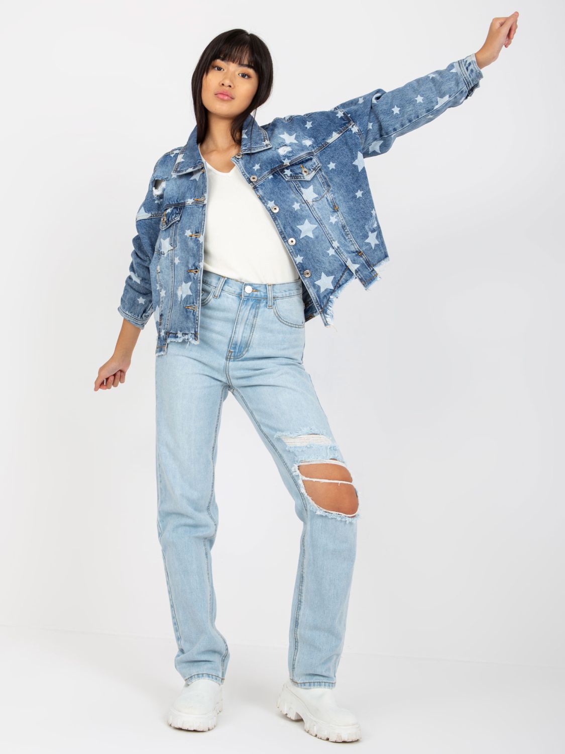 Blaue Damen Jeansjacke mit Druck und Löchern