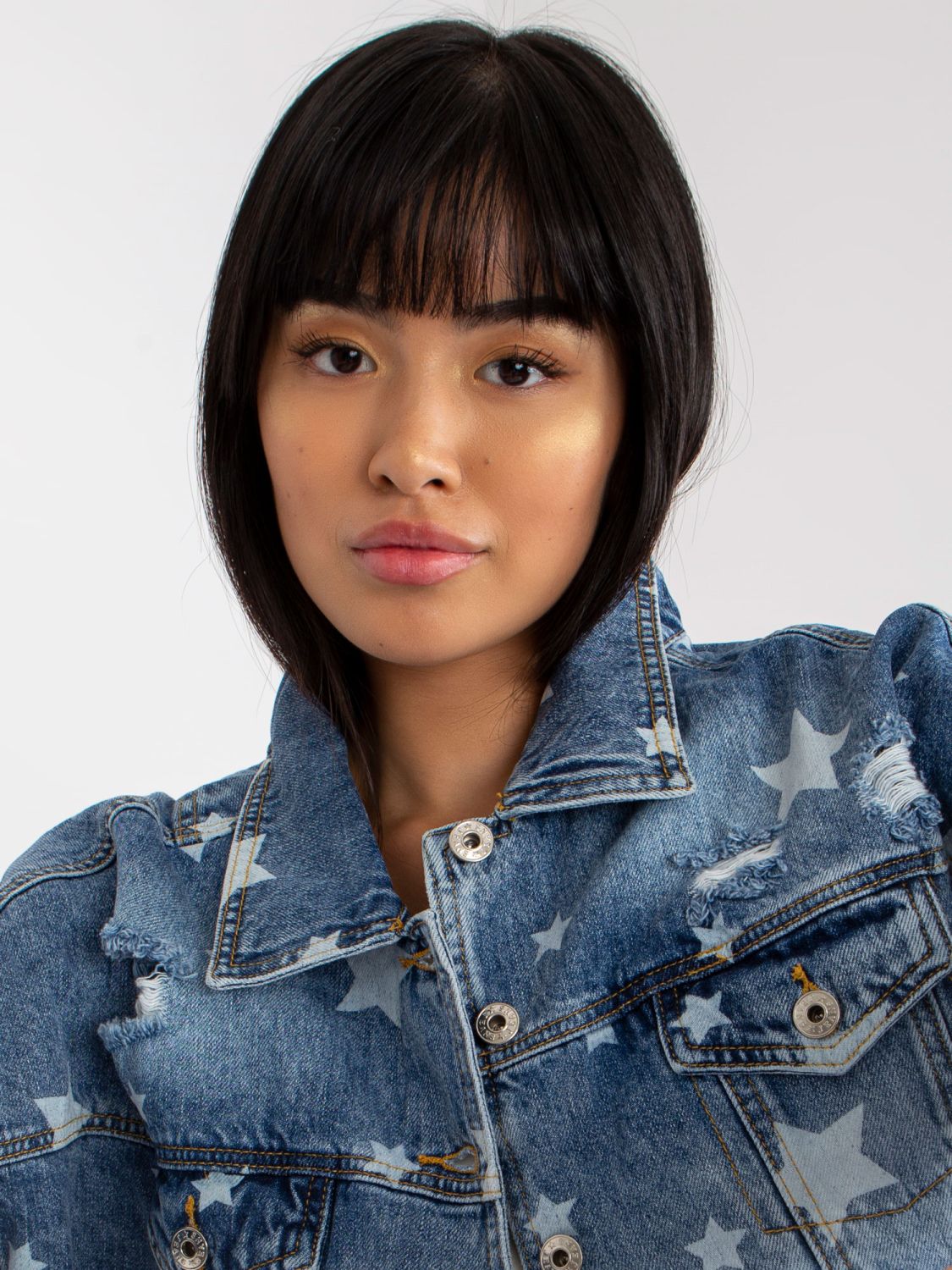 Blaue Damen Jeansjacke mit Druck und Löchern