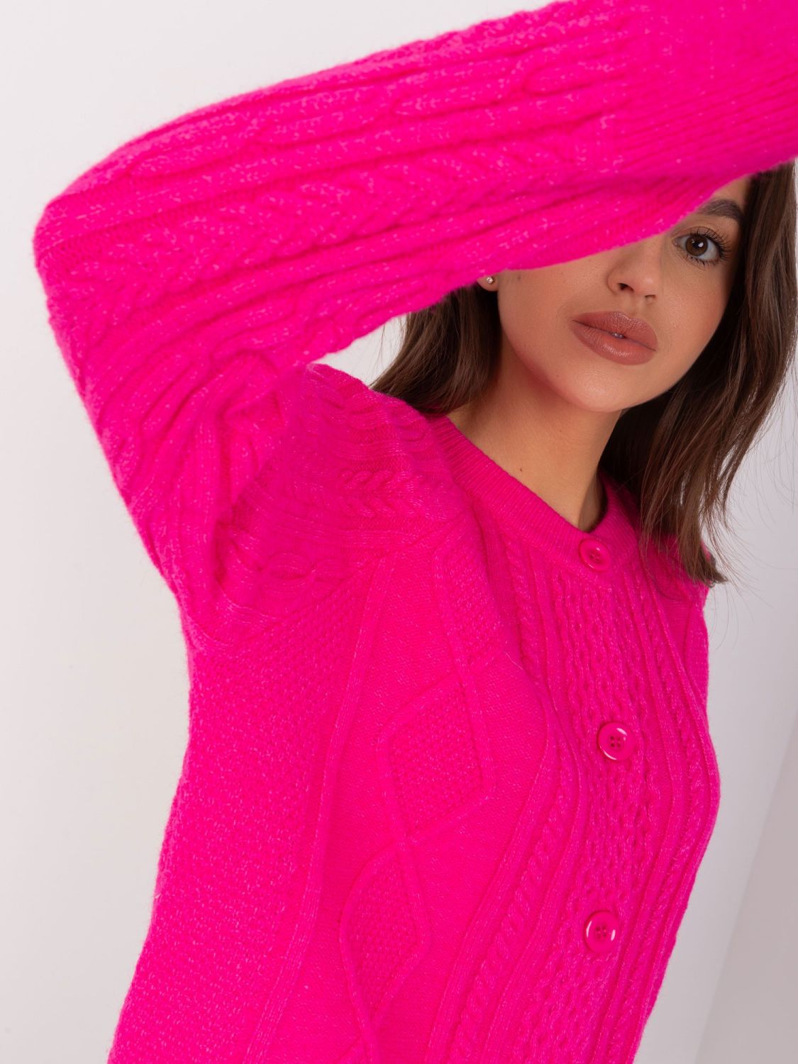 Fuchsia Damenpullover mit Zopfmuster