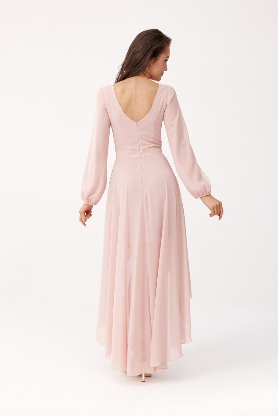 Asymmetrisches rosa Maxi-Kleid mit langen Ärmeln