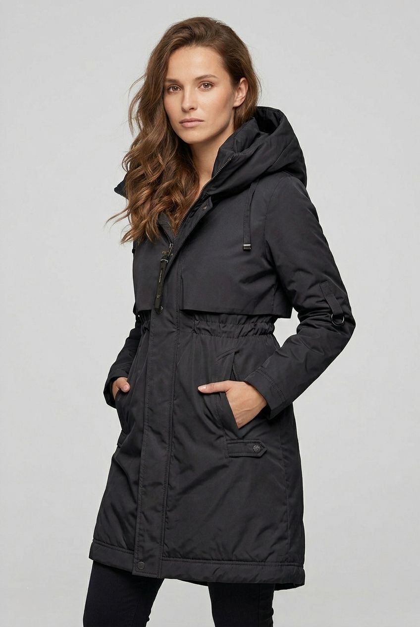 Übergangsjacke/Mantel mit Kapuze, Schwarz