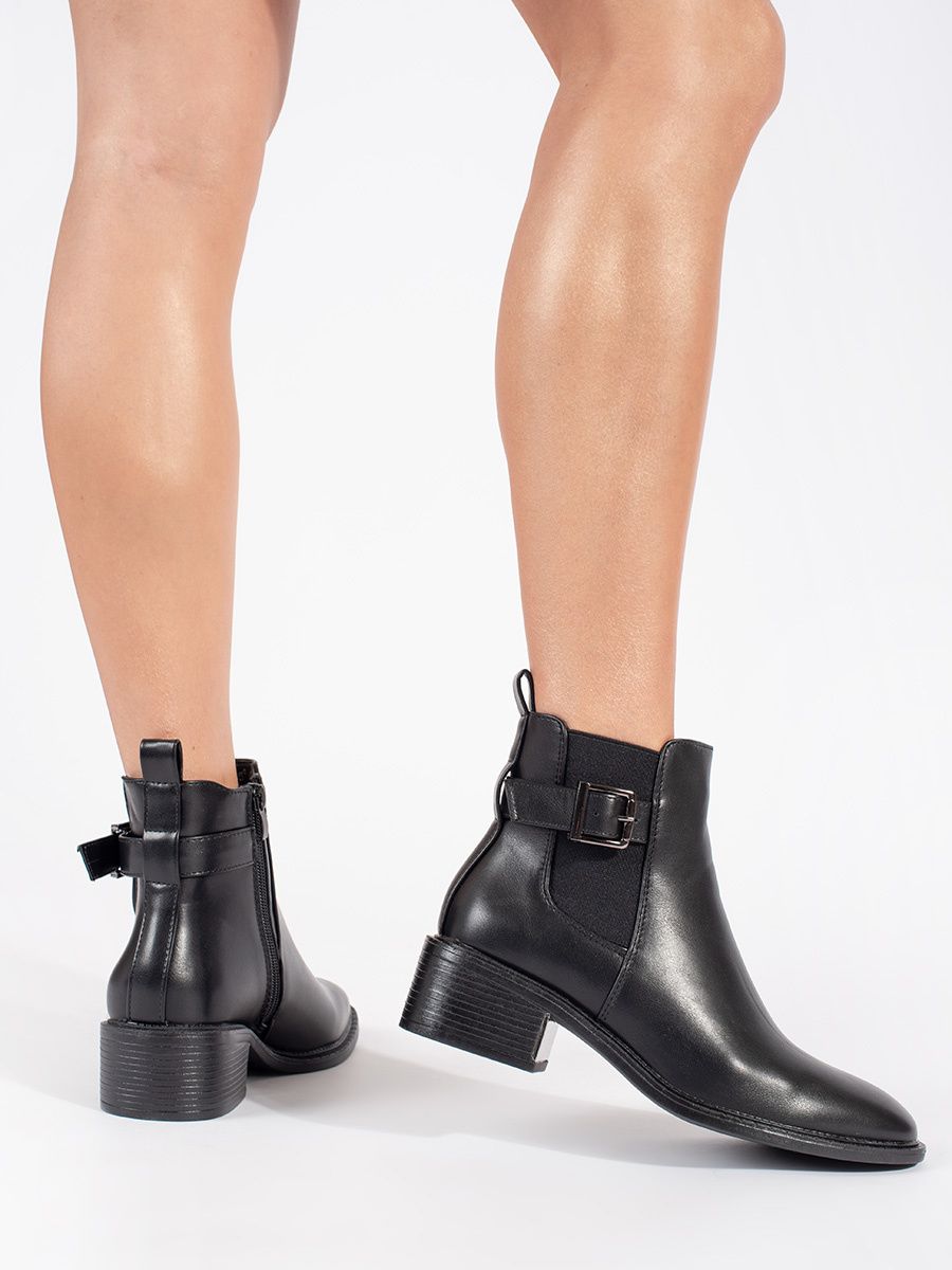 Schwarze Damen Stiefeletten mit Schnalle und Absatz