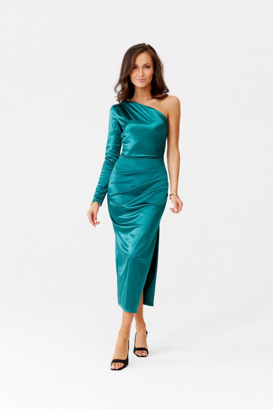 Satiniertes Midi-Kleid mit einem langen Ärmel, grün