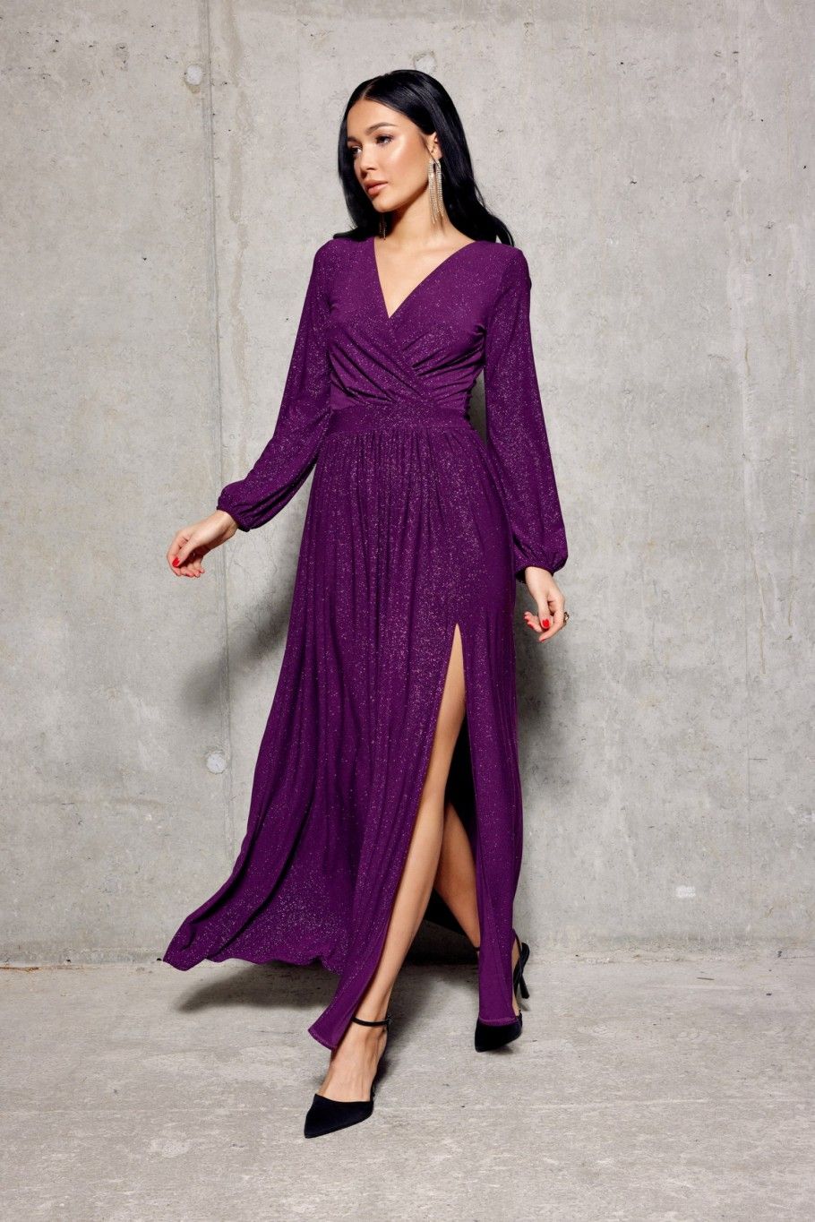 Maxi-Brokatkleid mit langen Ärmeln in Bischofslila