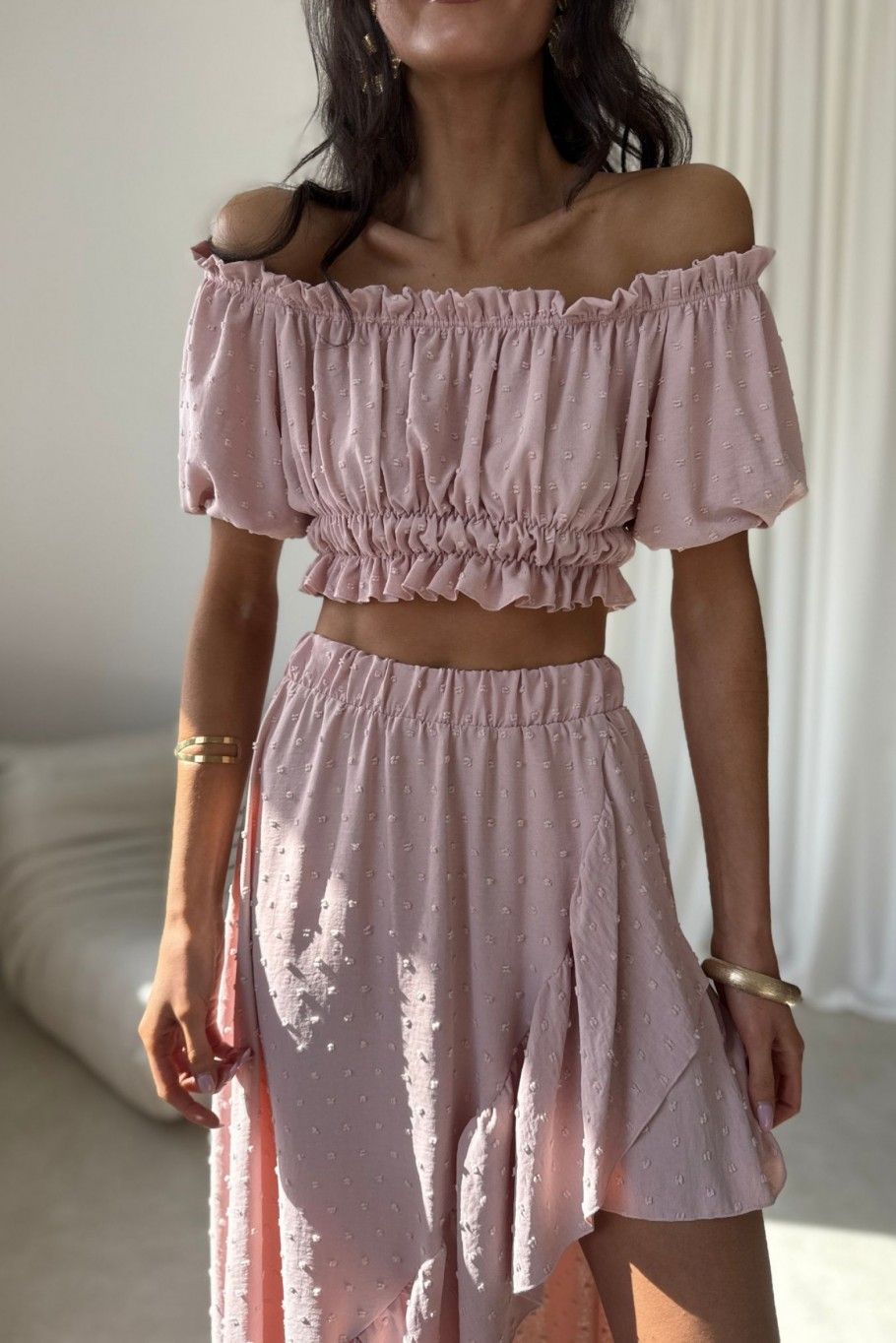Set mit asymmetrischem Maxi-Rock und kurzem Top in Rosa