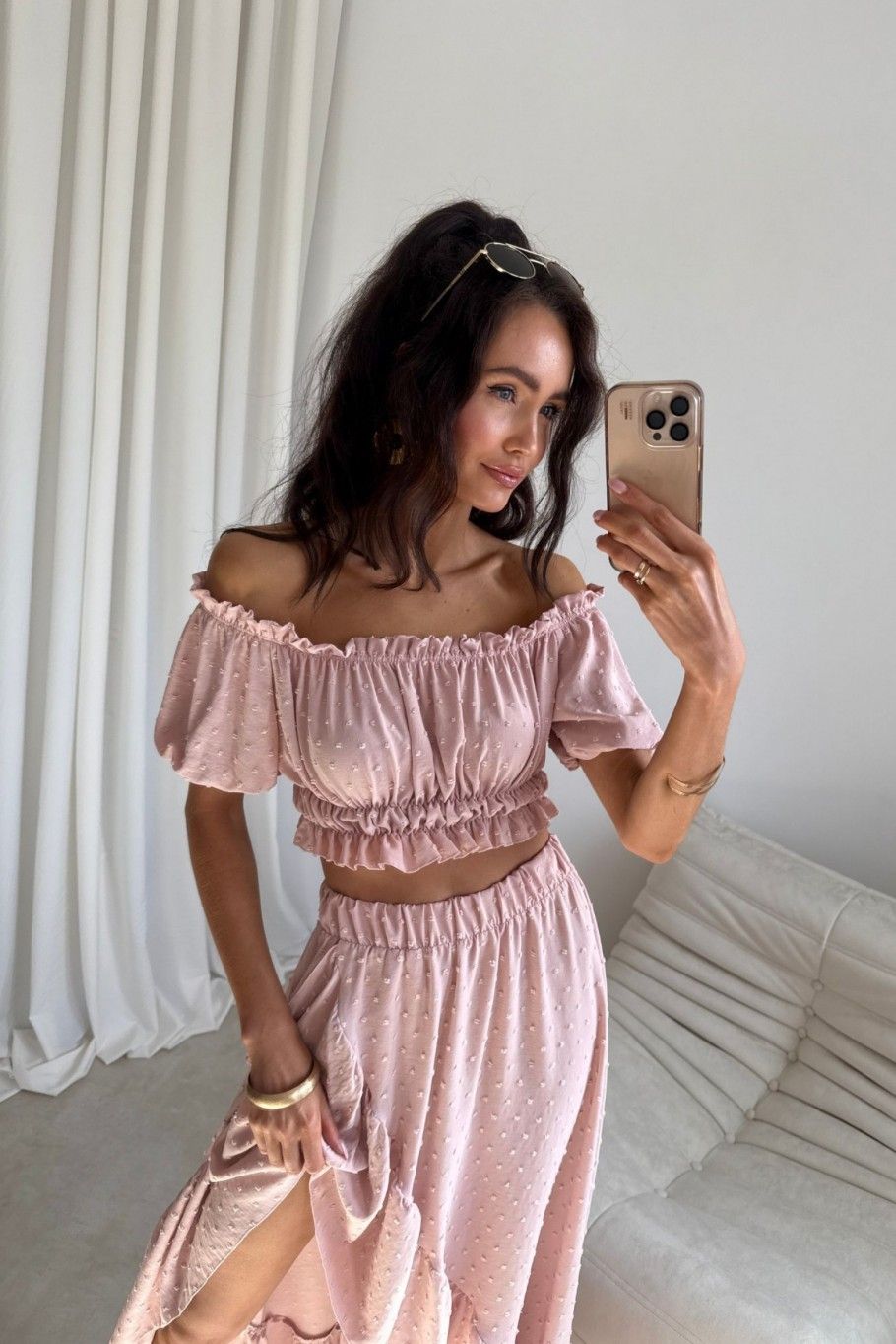 Set mit asymmetrischem Maxi-Rock und kurzem Top in Rosa