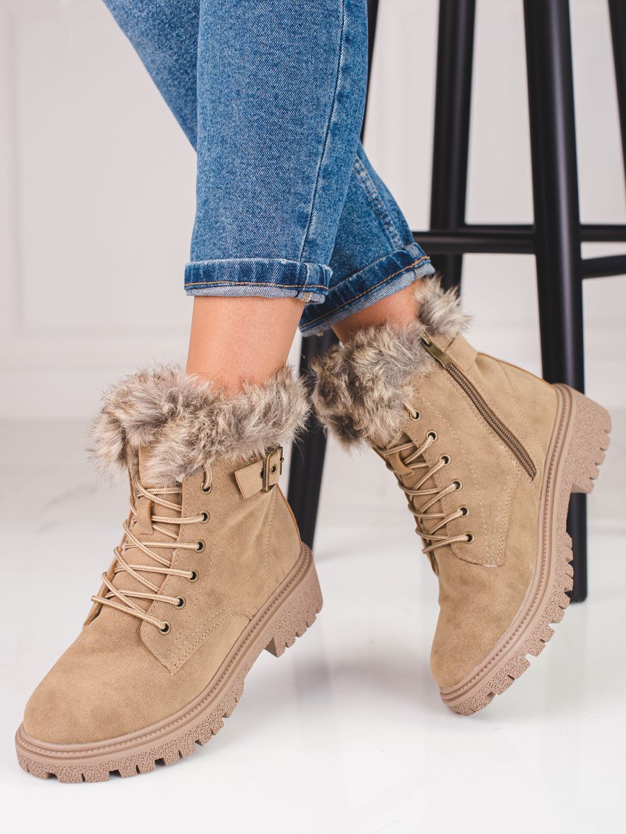 Beige Schnürstiefel mit Kunstfell