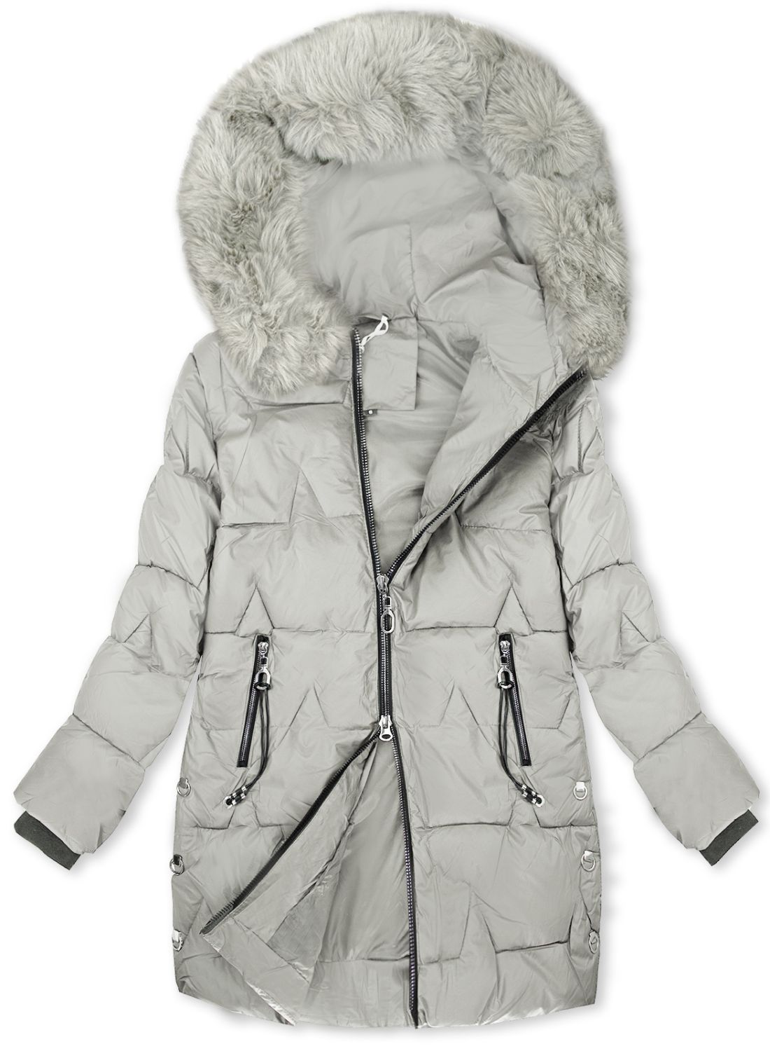 Damen-Steppmantel für den Winter mit abnehmbarem Fell Ecru