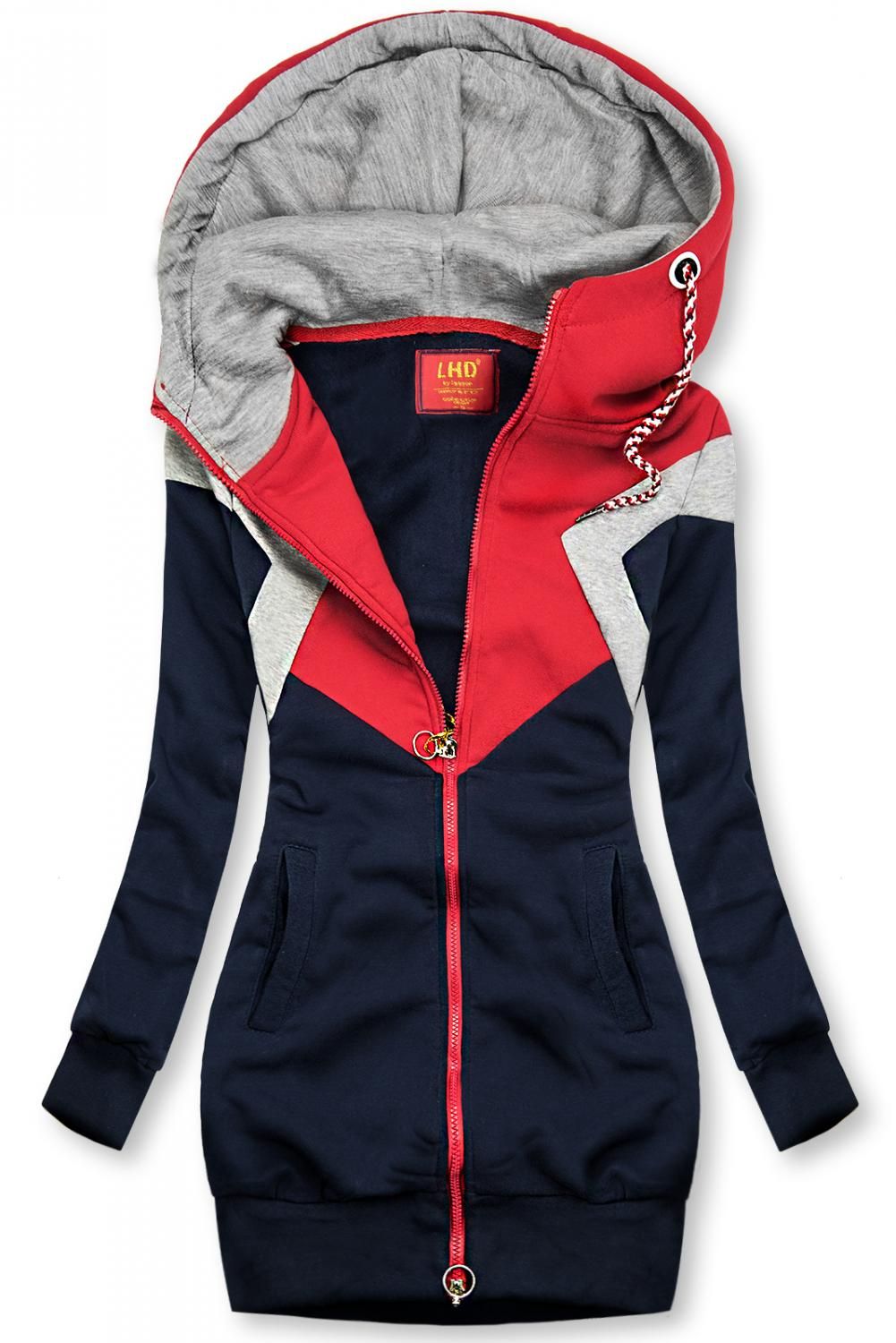 Sweatjacke in langer Form blau/rot/grau