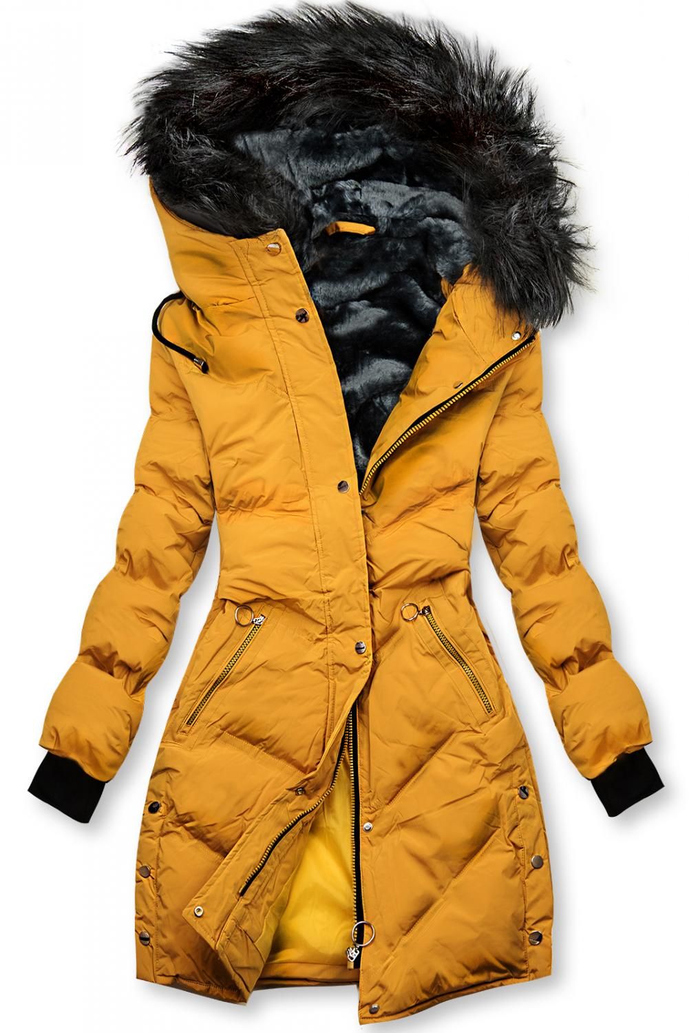 Winterjacke mit Fellimitat an der Kapuze gelb