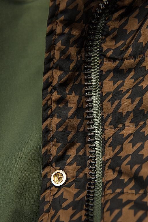Leichter Parka mit Kapuze Khaki/Hahnentrittmuster