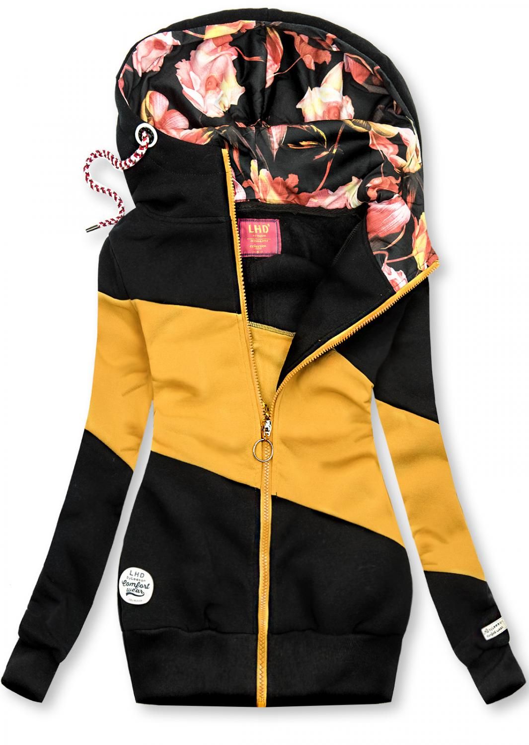Kapuzensweatjacke in Colorblocking-Optik schwarz/gelb