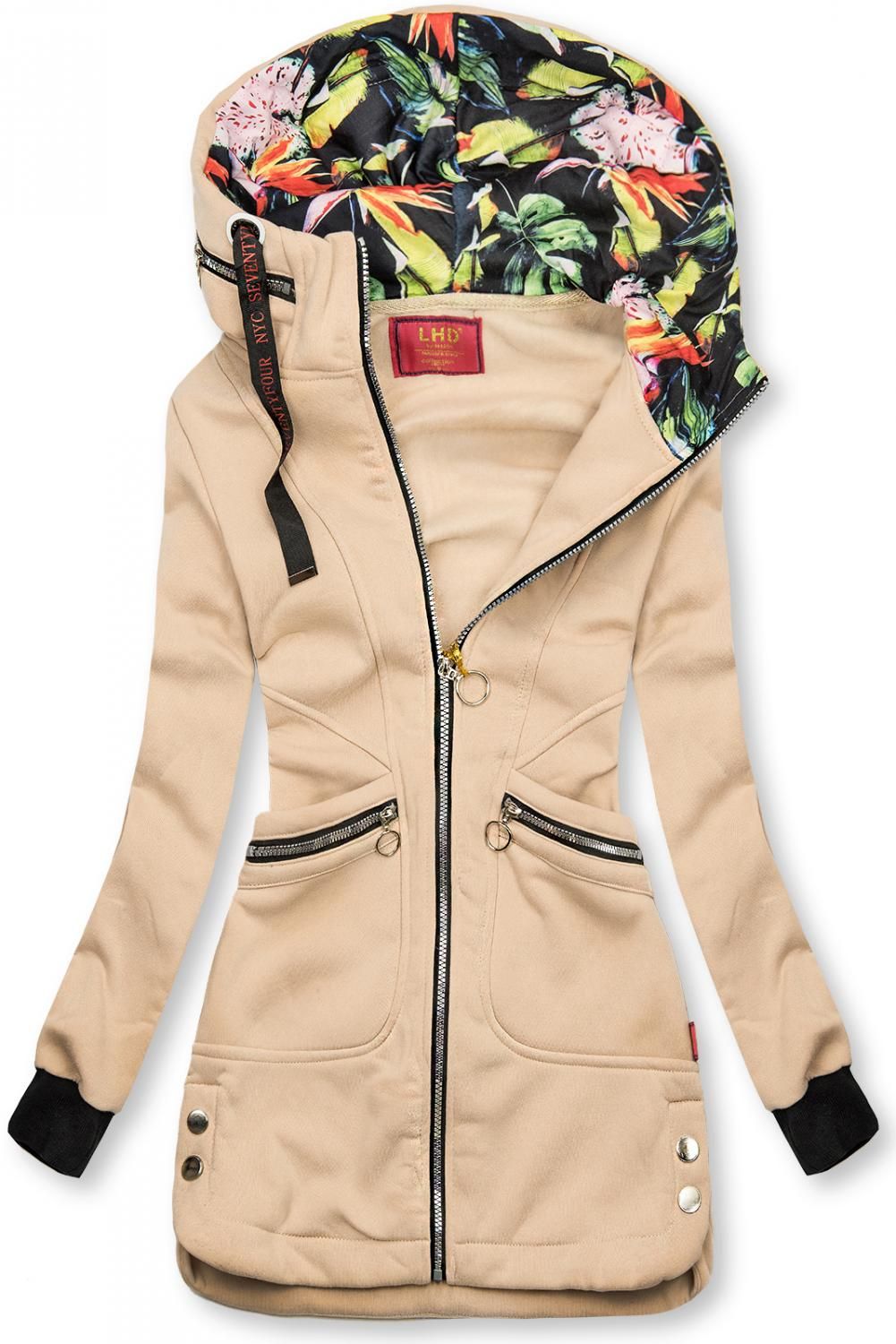Verlängerte Sweatjacke mit Kapuze beige