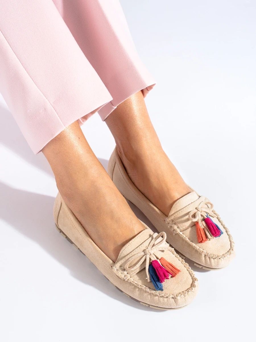 Beige Wildleder Mokassins Boho mit Fransen
