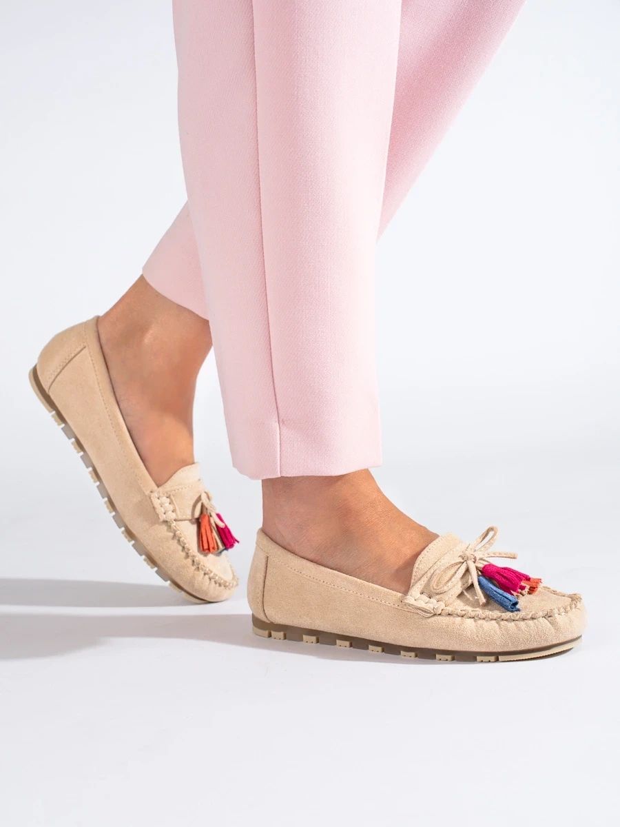 Beige Wildleder Mokassins Boho mit Fransen