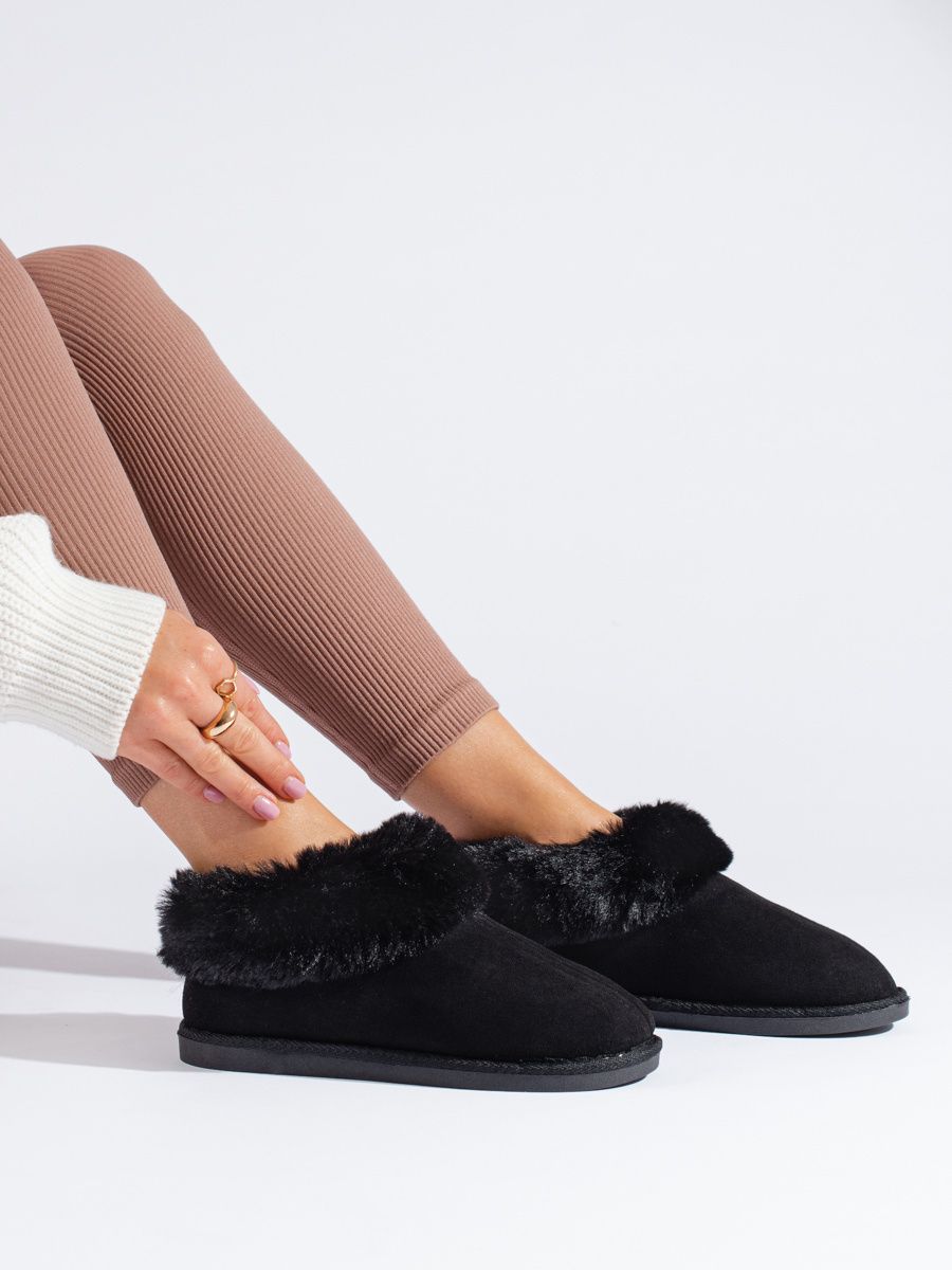 Damen Hausschuhe mit Kunstfell Schwarz
