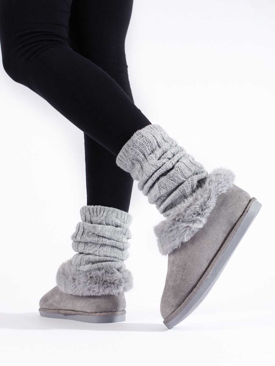 Damen Hausschuhe mit Kunstfell Grau